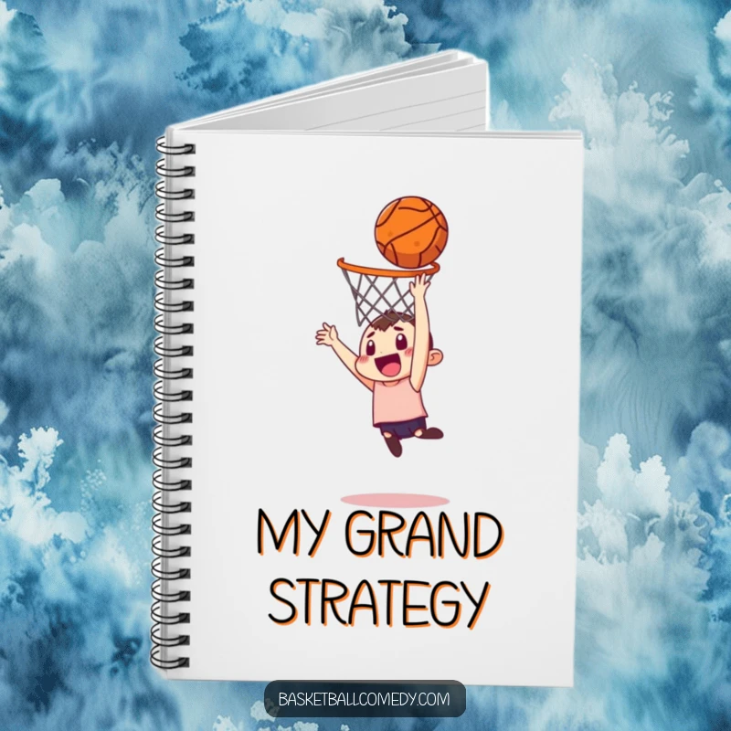 Funny notebook featuring a character ridiculously trying to dunk a basketball from afar, ideal for journaling funny thoughts.