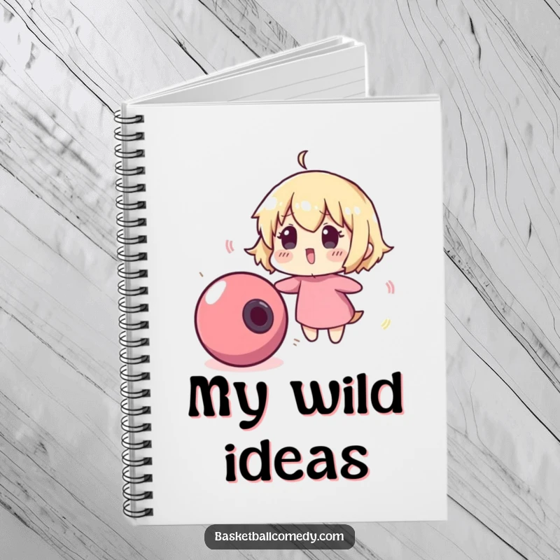 Funny notebook with a cute character comically surprised by a runaway, bouncing basketball, perfect for noting down thoughts with humor.