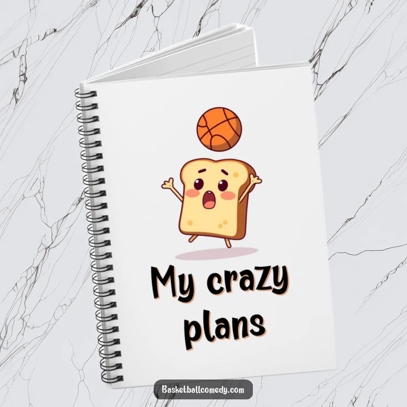 Funny toast notebook, a surprised slice of bread attempting to catch a basketball, perfect for jotting down funny thoughts.