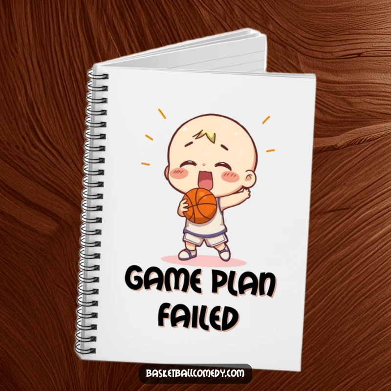 Funny character comically missing a basketball shot on a notebook cover. Ideal for sports notes, journaling, and doodles.