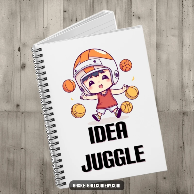 Funny notebook cover showcasing a character in a basketball helmet juggling basketballs, perfect for jotting down ideas and notes.