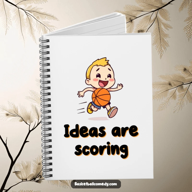 Funny happy character running with a basketball, speed lines indicating motion, beautifully illustrated on a notebook cover for humorous note-taking.