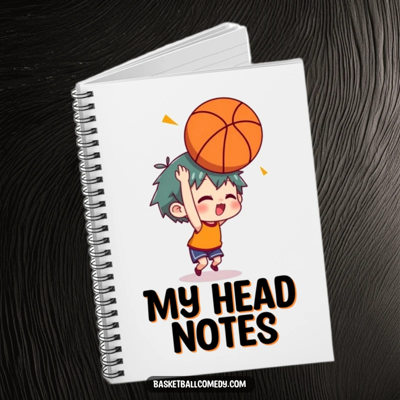 Funny notebook showing a character with stars around their head after a basketball bounce, for jotting down 'impactful' ideas.