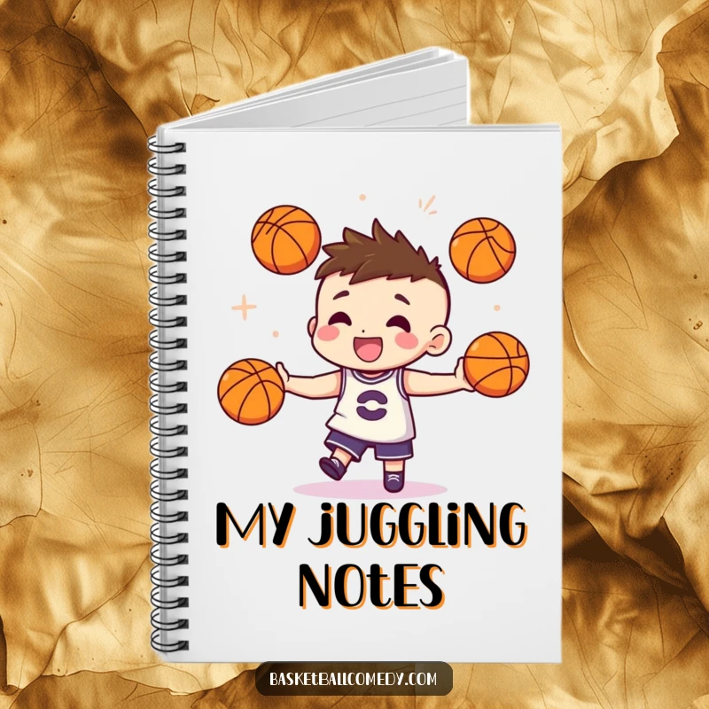 Funny notebook with a cute character juggling three miniature basketballs with impressive flair, perfect for noting down ideas.