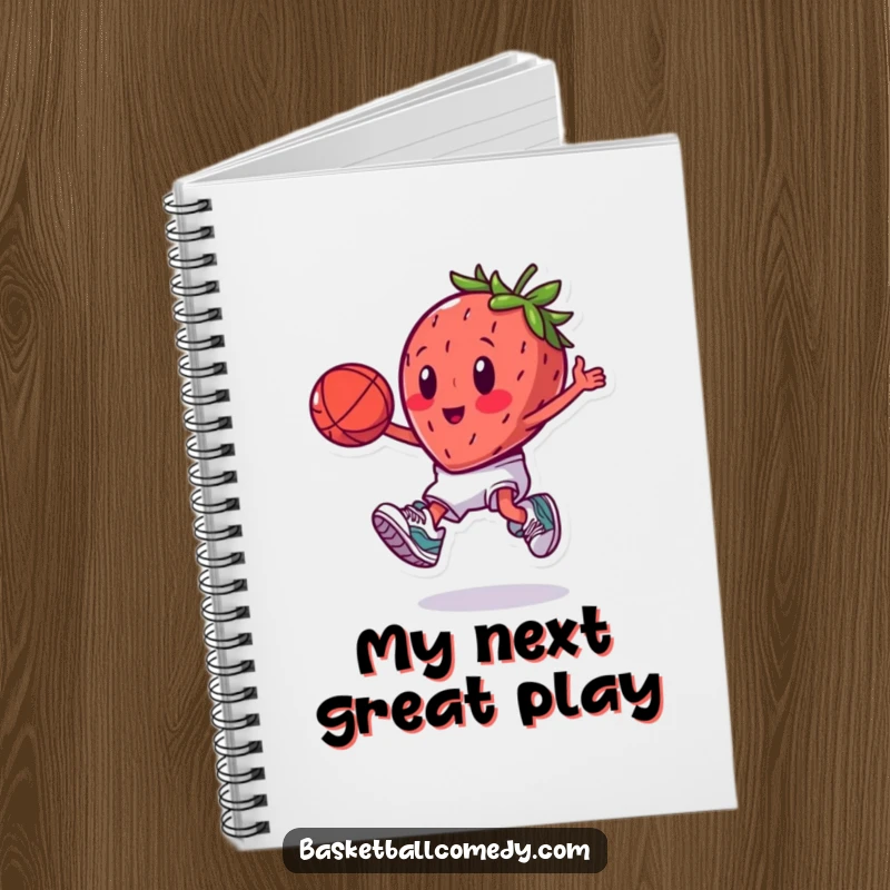 Funny energetic strawberry in sneakers, performing a slam dunk, perfect for a humorous notebook gift.