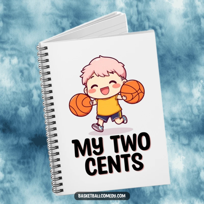 Funny notebook with a character dribbling two basketballs, ideal for jotting down plays and practice notes.