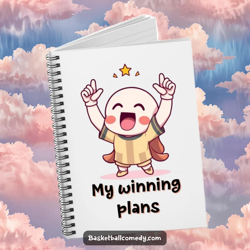 Funny notebook cover displaying a triumphant character celebrating a score with arms raised, inspiring success and joy.