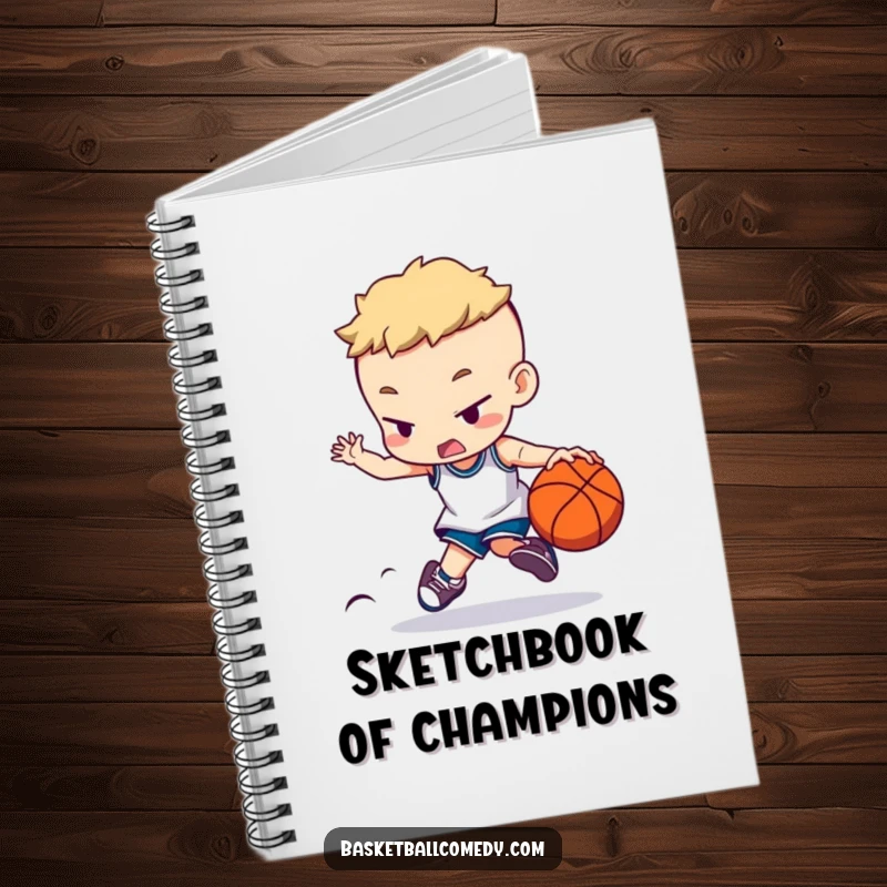 Funny notebook with a character dribbling a basketball in deep concentration, perfect for capturing thoughts with a humorous, sporty flair.