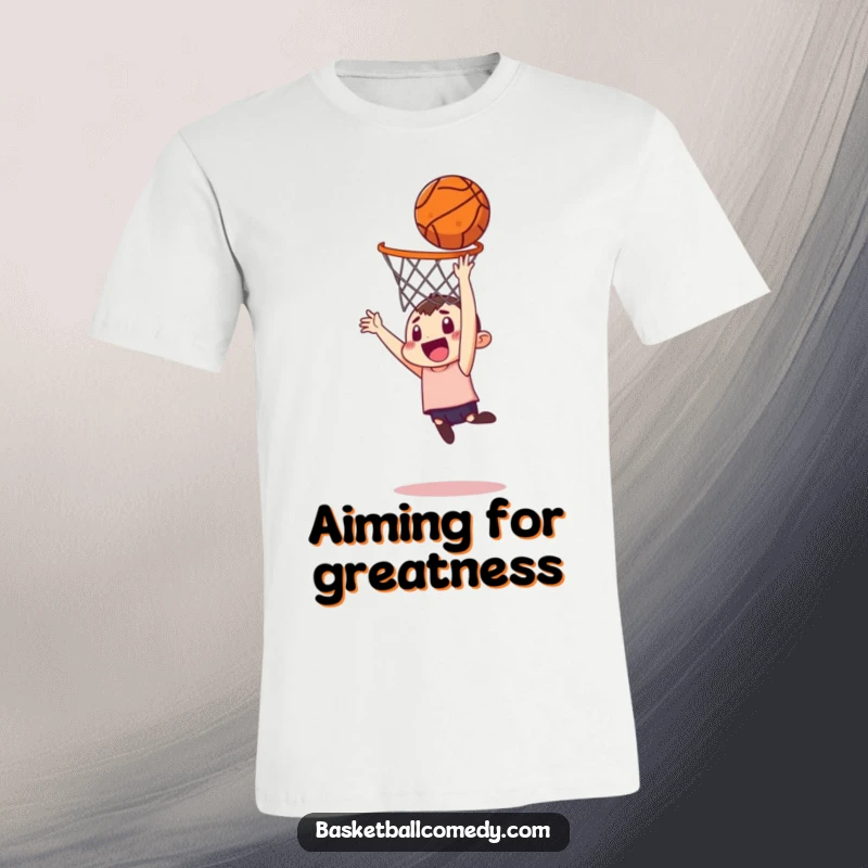 Funny t-shirt with a mischievous character hilariously trying to dunk a basketball from a very long distance, a humorous sports design.