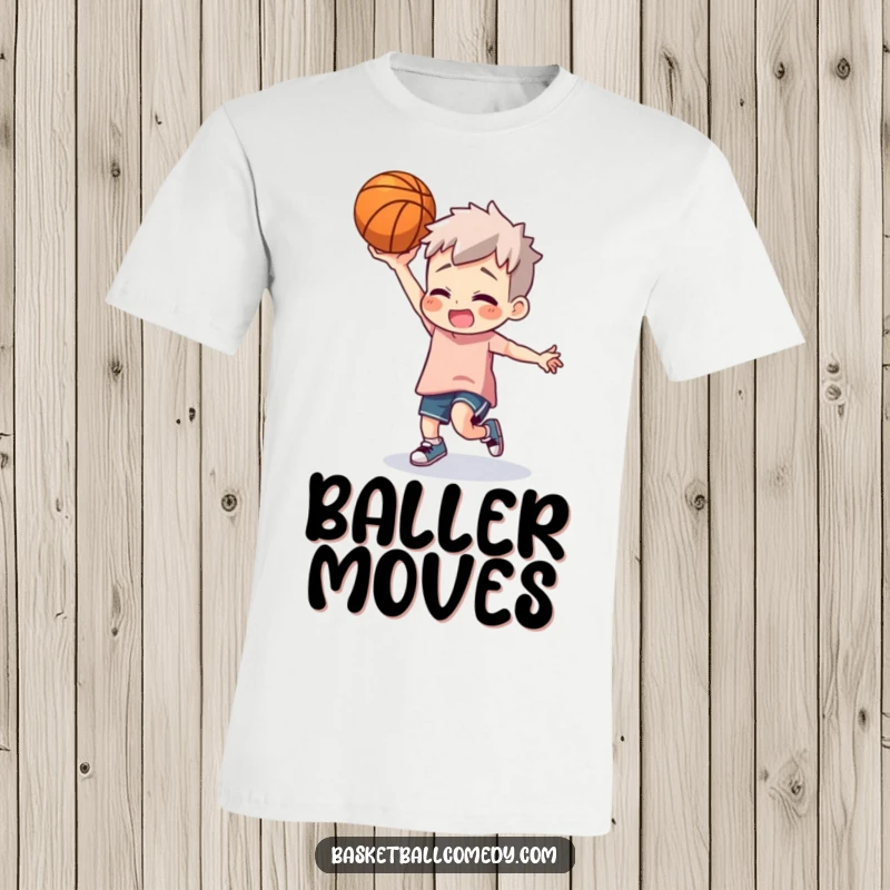 Funny t-shirt featuring a character performing a comical dance routine with a basketball in hand, showing off cool moves.