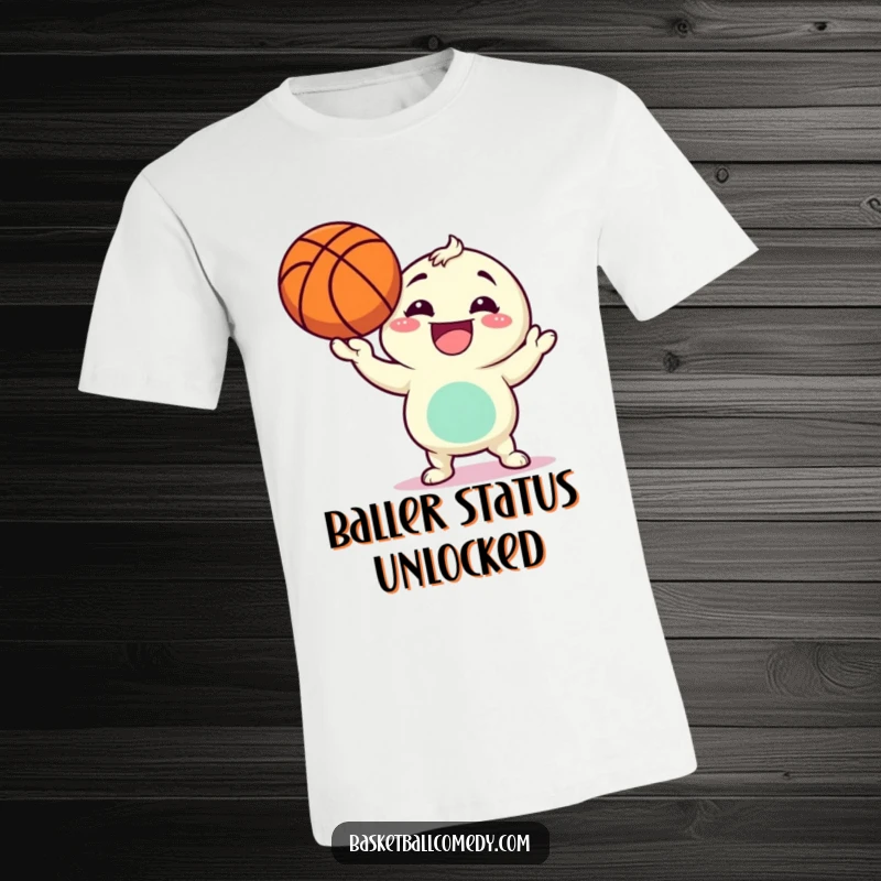 Funny T-shirt featuring a character with a wide grin, expertly balancing a basketball on their fingertip in a dynamic pose.