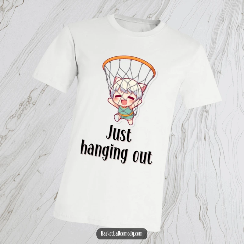 Funny t-shirt with a cute character comically ensnared in a basketball net, conveying a humorous and slightly awkward situation with a smile.