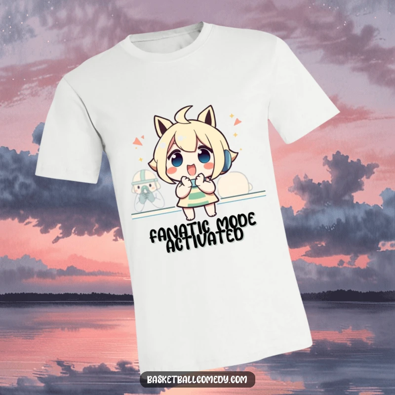 Funny t-shirt depicting an excited character with hands clasped, cheering intensely while watching a game, showcasing ultimate fan dedication.