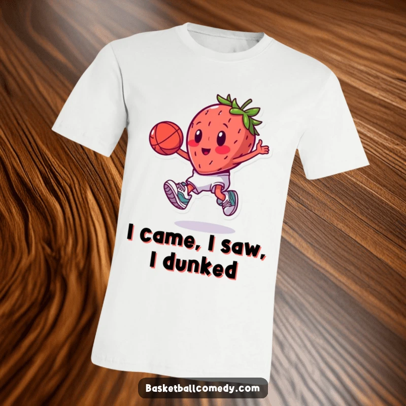 Funny energetic strawberry wearing tiny sneakers, performing a slam dunk on a basketball court, a hilarious gift.