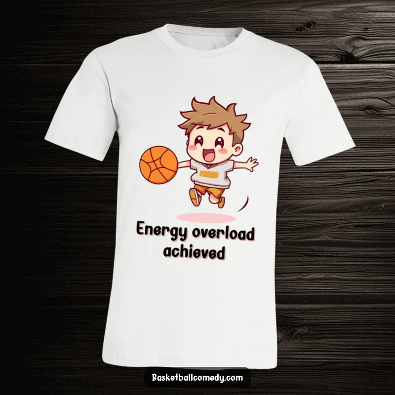 Funny Basketball Chaser T-Shirt: Adorable character running with excitement after a bouncing basketball, conveying pure energy.