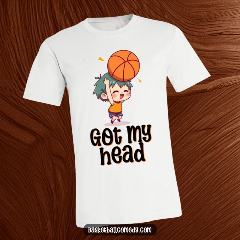 Funny t-shirt depicting a character with stars swirling around their head after a basketball accidentally bounced off it.
