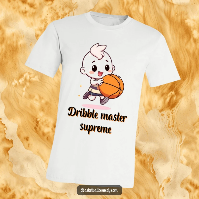 Funny kawaii character wearing a t-shirt, gleefully dribbling a basketball with exaggerated, bouncy movements.