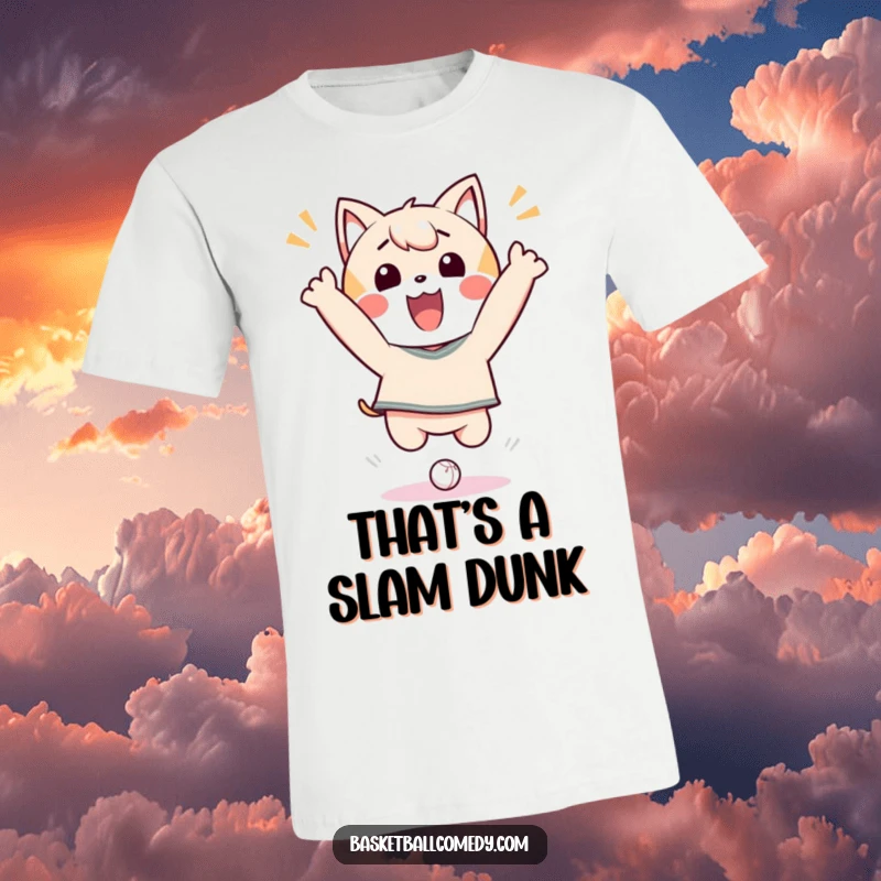 Funny T-Shirt with a cute Kawaii character leaping in celebration after making a basket, radiating pure happiness.