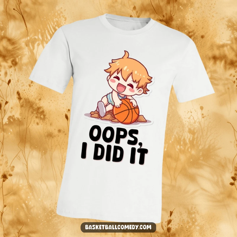 Funny t-shirt with a Kawaii character comically tripping over a basketball, landing in a pile with a silly grin.