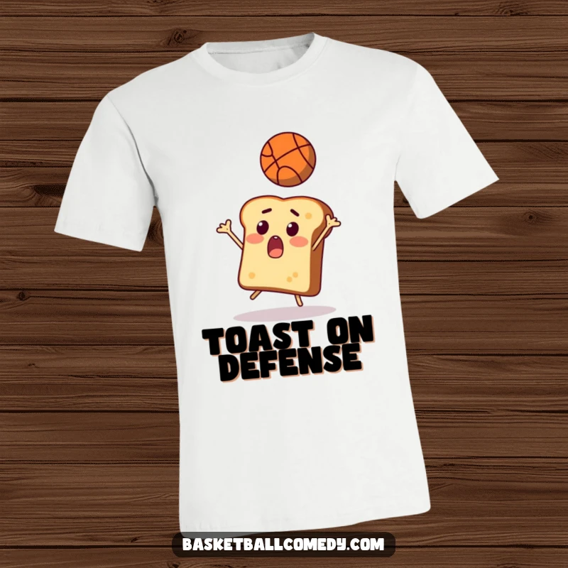 Funny toast t-shirt, a shocked slice of bread comically reaching for a flying basketball, capturing a moment of surprise.