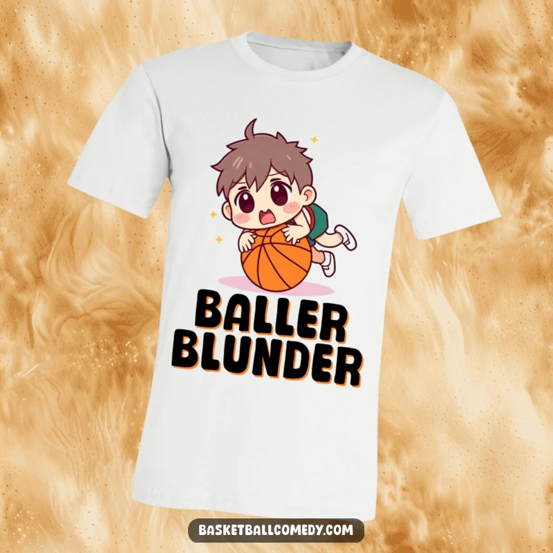 Funny character tripping over a basketball with a look of surprise, printed on a comfortable t-shirt. Great for pranksters and the accident-prone.
