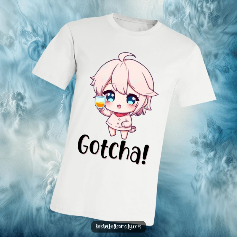 Funny t-shirt depicting a basketball player in mid-shot fake, complete with a sly grin and a cheeky, playful wink.