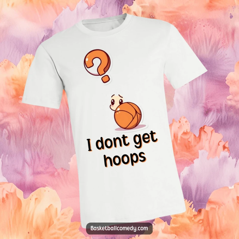 Funny t-shirt with a confused character and a large question mark above their head, pondering a basketball.