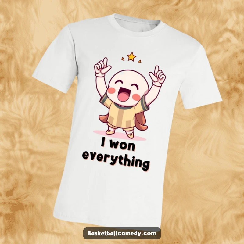 Funny t-shirt featuring a triumphant character with arms raised in celebration of a score, exuding pure joy and success.