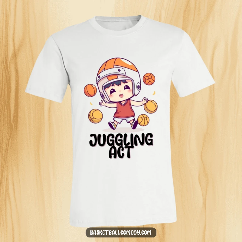 Funny t-shirt depicting a character wearing a basketball helmet, attempting to juggle several basketballs with a look of intense concentration.