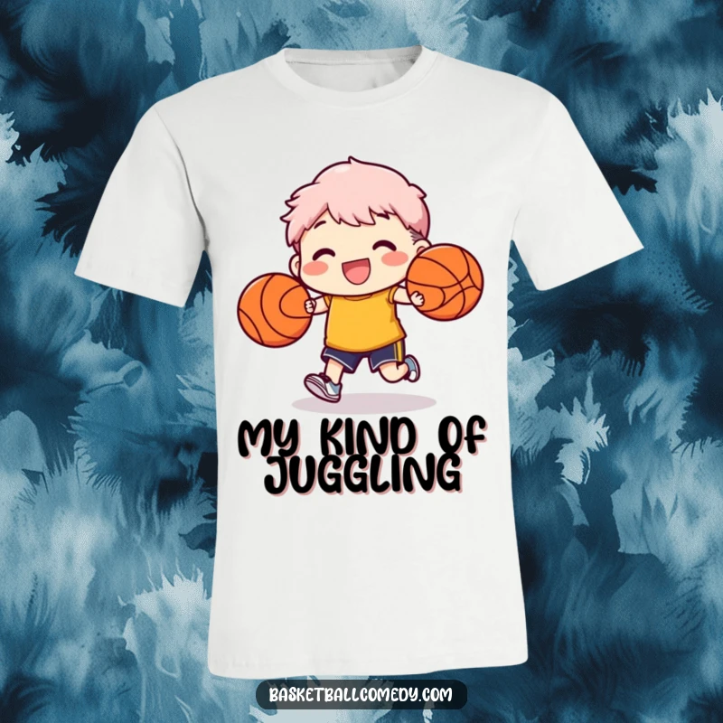 Funny t-shirt depicting a character happily dribbling two basketballs at once, showcasing exceptional coordination and skill.