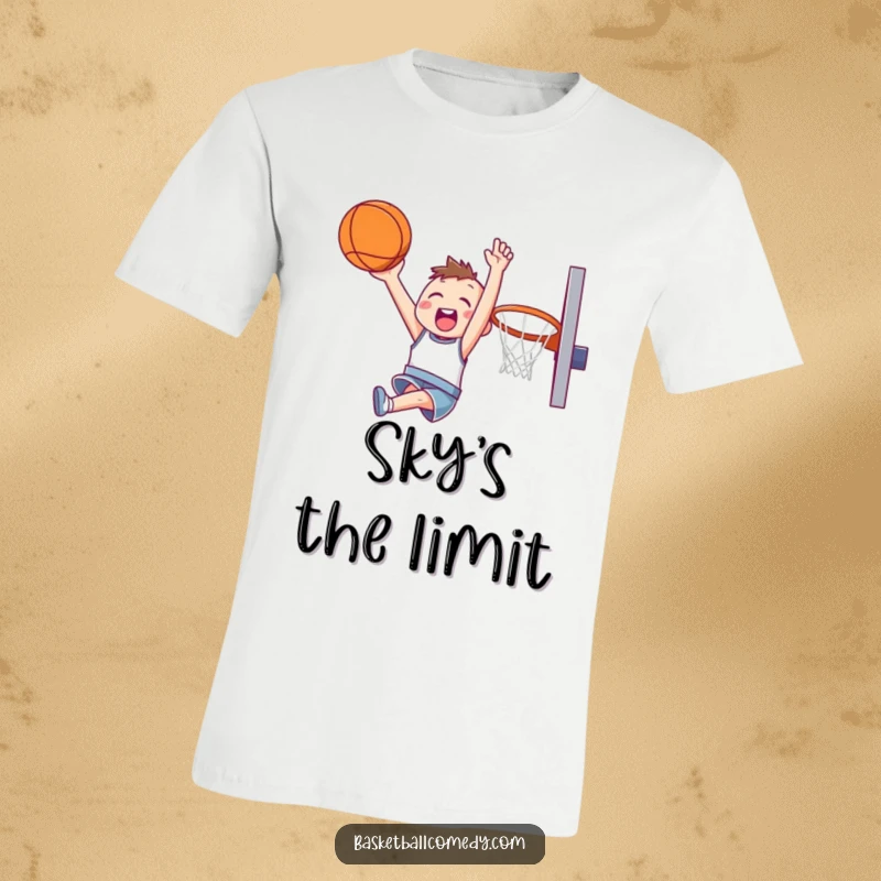 Funny t-shirt depicting a cute character joyfully soaring through the air, aiming for a slam dunk with infectious happiness.