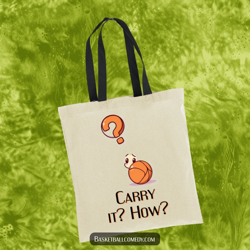 Funny tote bag showing a confused character with a large question mark, contemplating a basketball.