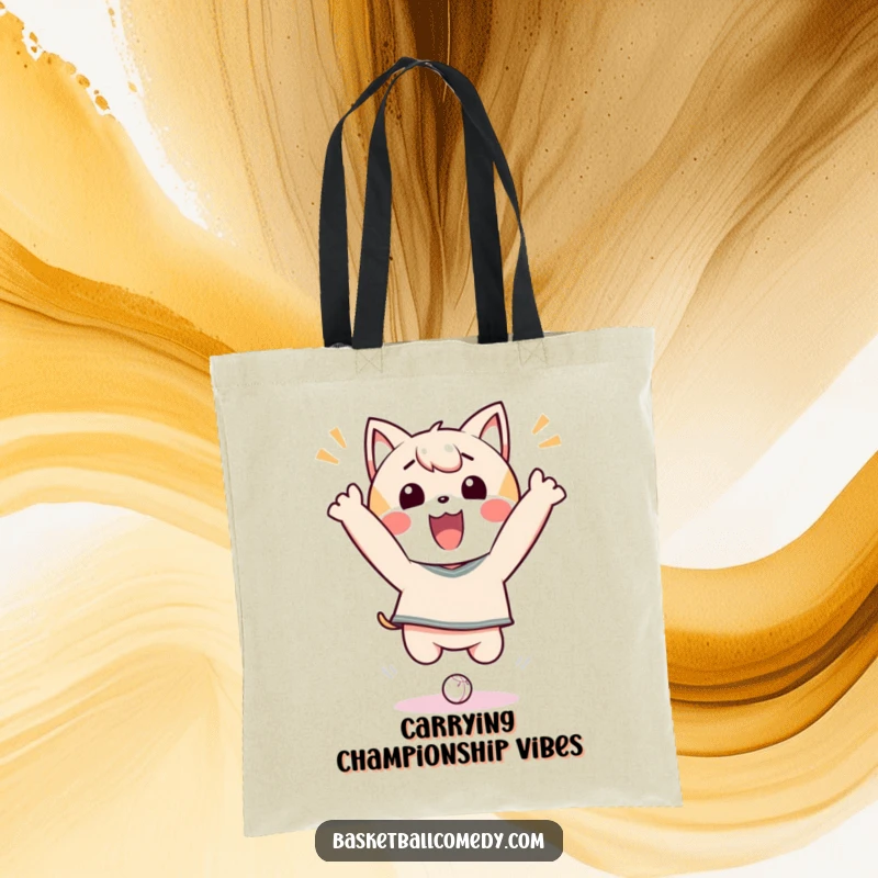 Funny Tote Bag depicting a cute Kawaii character in a dynamic, joyful leaping pose after a successful dunk.