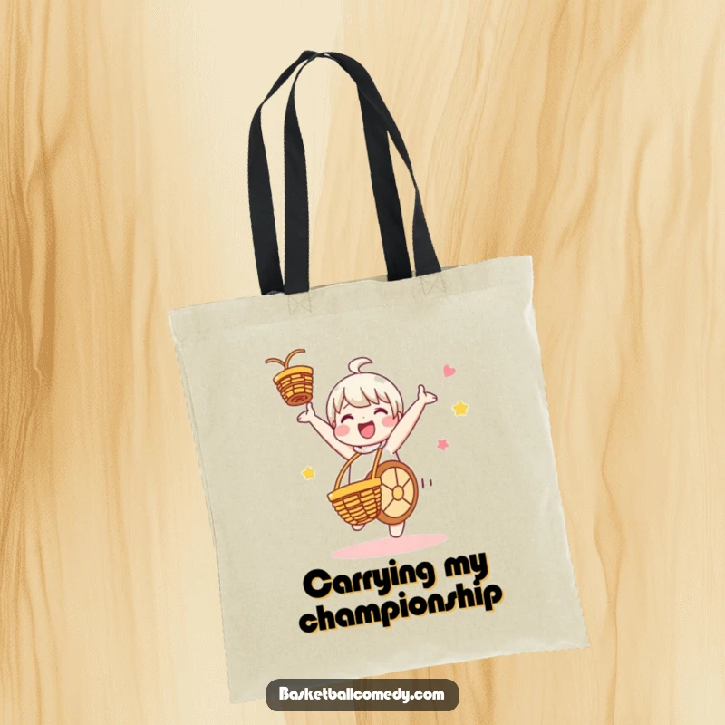 Funny tote bag showcasing a cute character performing an energetic cartwheel after scoring a basketball, symbolizing triumph and playful celebration.