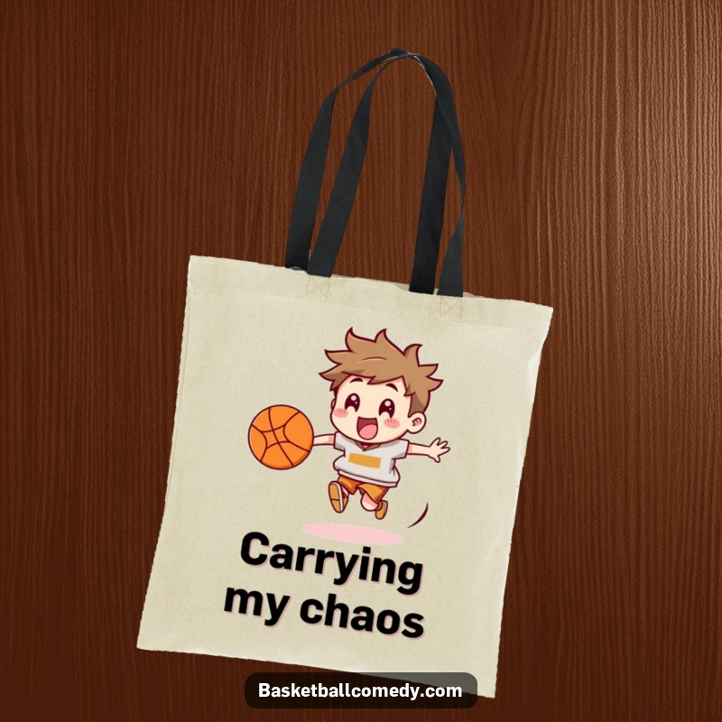 Funny Basketball Chaser Tote Bag: Cute character running energetically after a bouncing basketball, perfect for carrying your active life essentials.