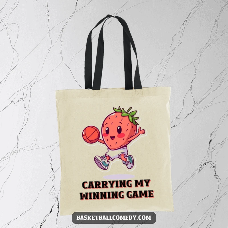 Funny energetic strawberry in sneakers playing basketball, doing a slam dunk, ideal funny gift for shoppers.