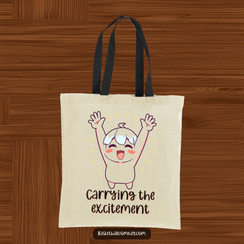 Funny tote bag showing a cute character excitedly cheering with both arms raised high, perfect for carrying essentials and joy.