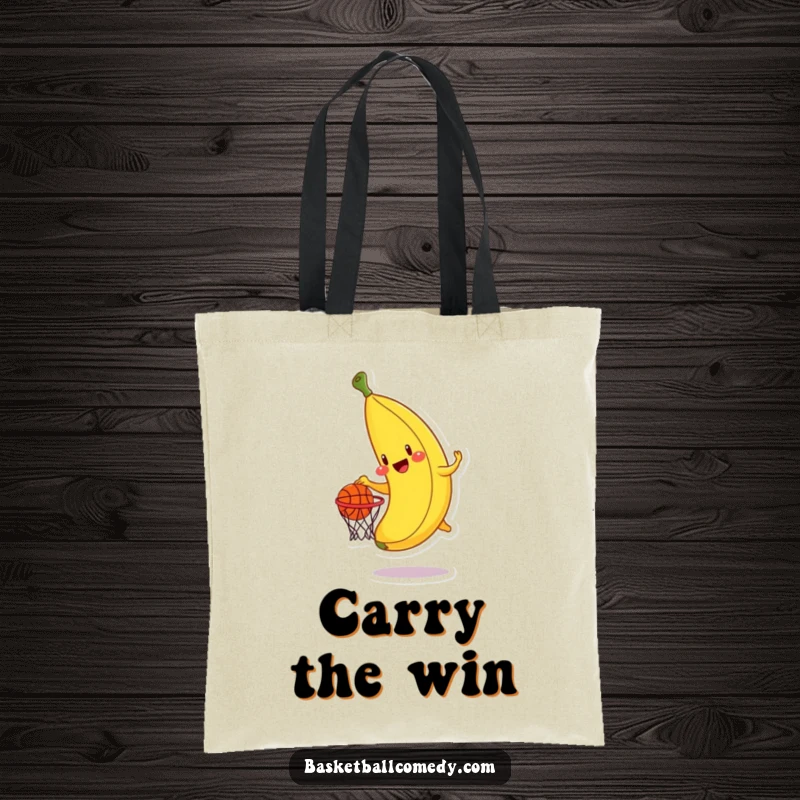 Funny banana tote bag, a cheerful banana character attempting to dunk a miniature basketball into a hoop, perfect for humorous shopping.