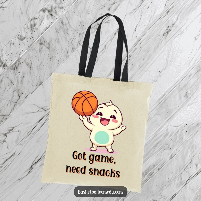 Funny tote bag displaying a cheerful character spinning a basketball on its finger, a vibrant symbol of playful energy.