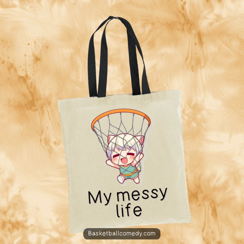 Funny tote bag with a cute character comically tangled in a basketball net, representing a humorous and slightly chaotic but charming situation.