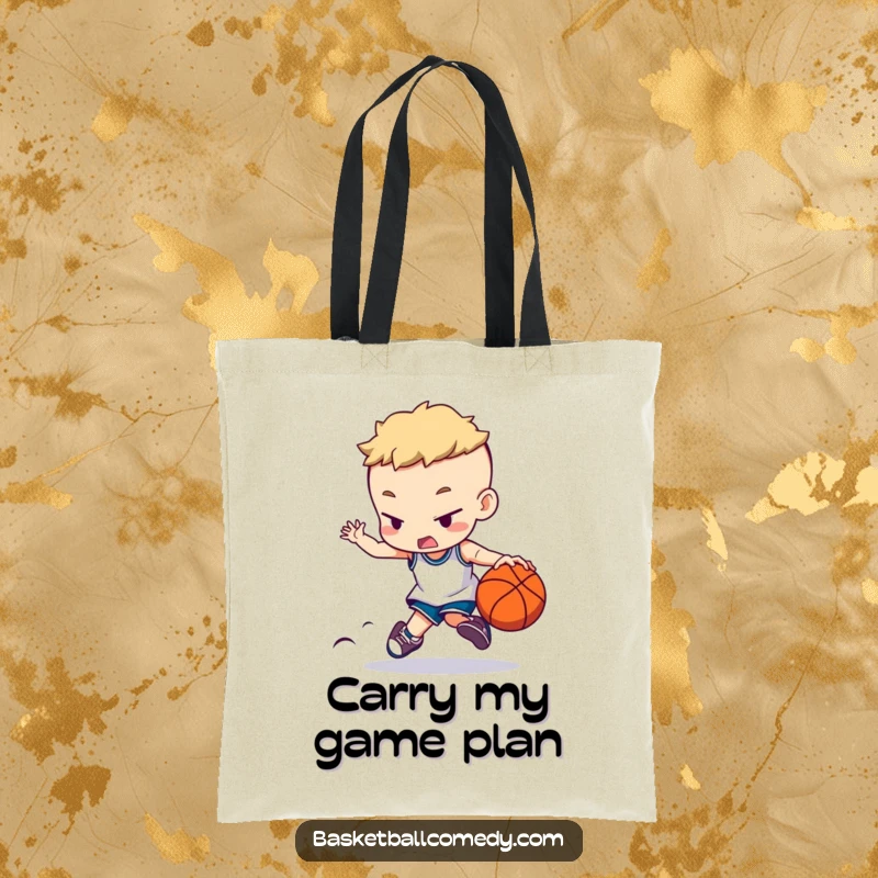 Funny tote bag featuring a character in deep concentration dribbling a basketball, ideal for carrying essentials with a humorous touch.