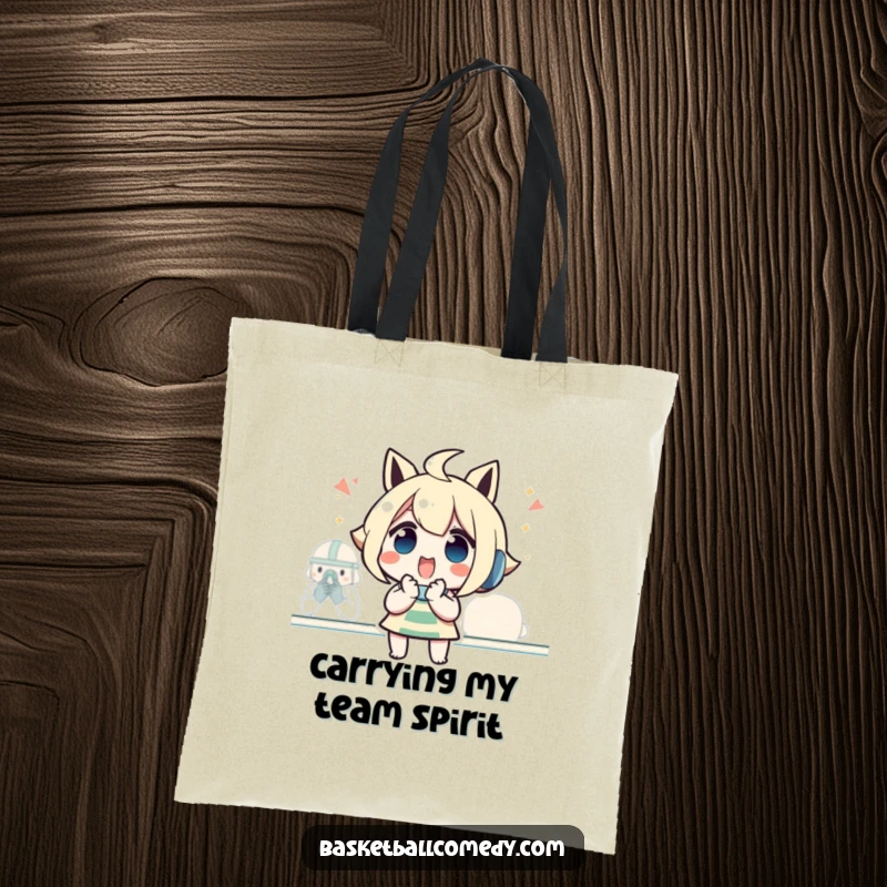 Funny tote bag with an excited character whose hands are clasped, cheering for a game, perfect for carrying fan gear with humor.