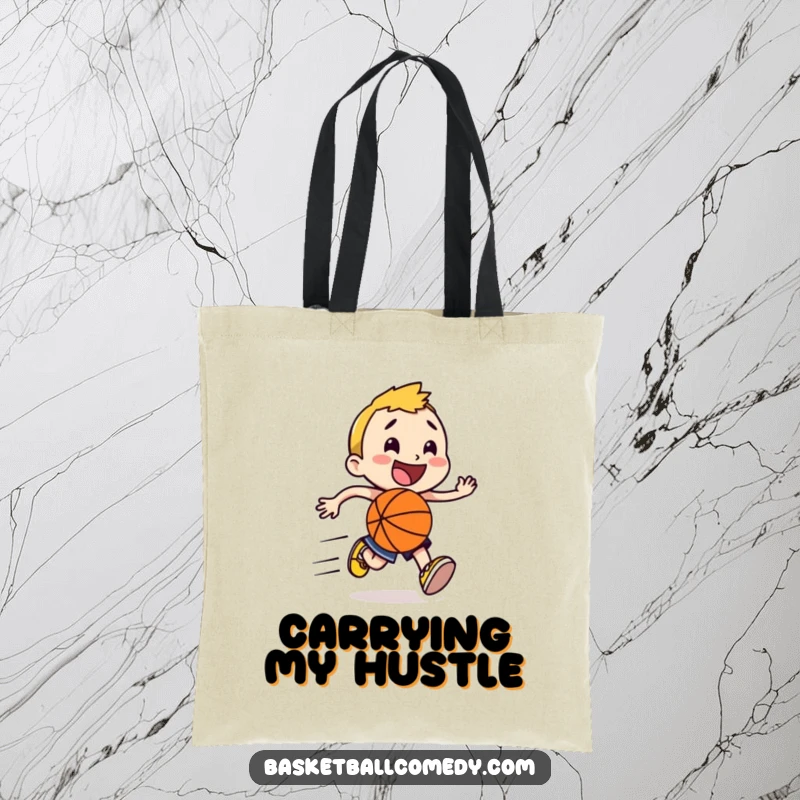Funny happy character running with a basketball, leaving speed line trails, illustrated on a durable tote bag for a humorous sports accessory.
