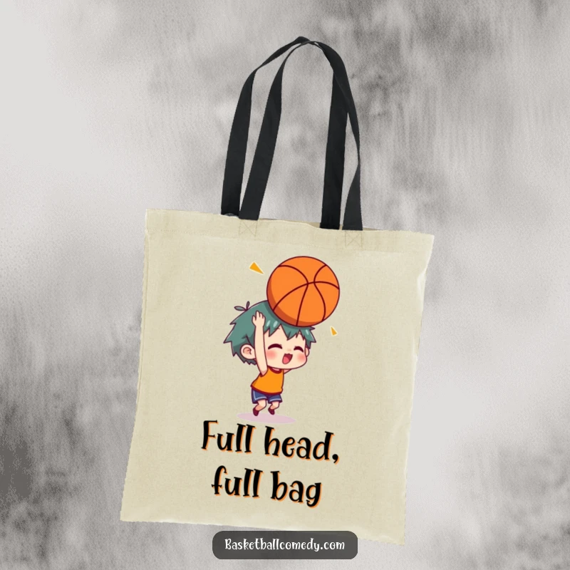 Funny tote bag illustrating a character recoiling with stars around their head from an errant basketball bounce.