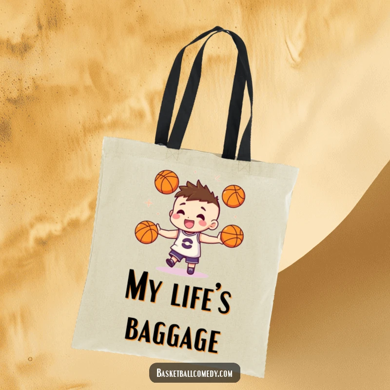 Funny tote bag with a cute character juggling three miniature basketballs with impressive flair, perfect for carrying items with style.