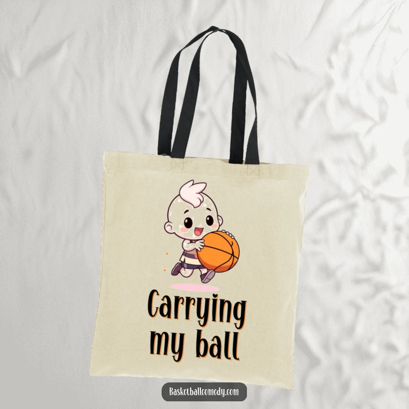 Funny kawaii character tote bag, dribbling a basketball with exaggerated movements and a happy, gleeful smile.