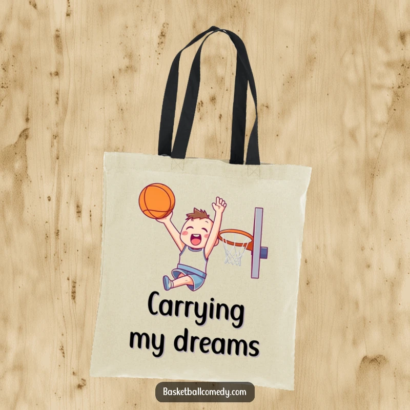 Funny tote bag with a cute character joyfully soaring through the air, attempting a slam dunk with energetic happiness.