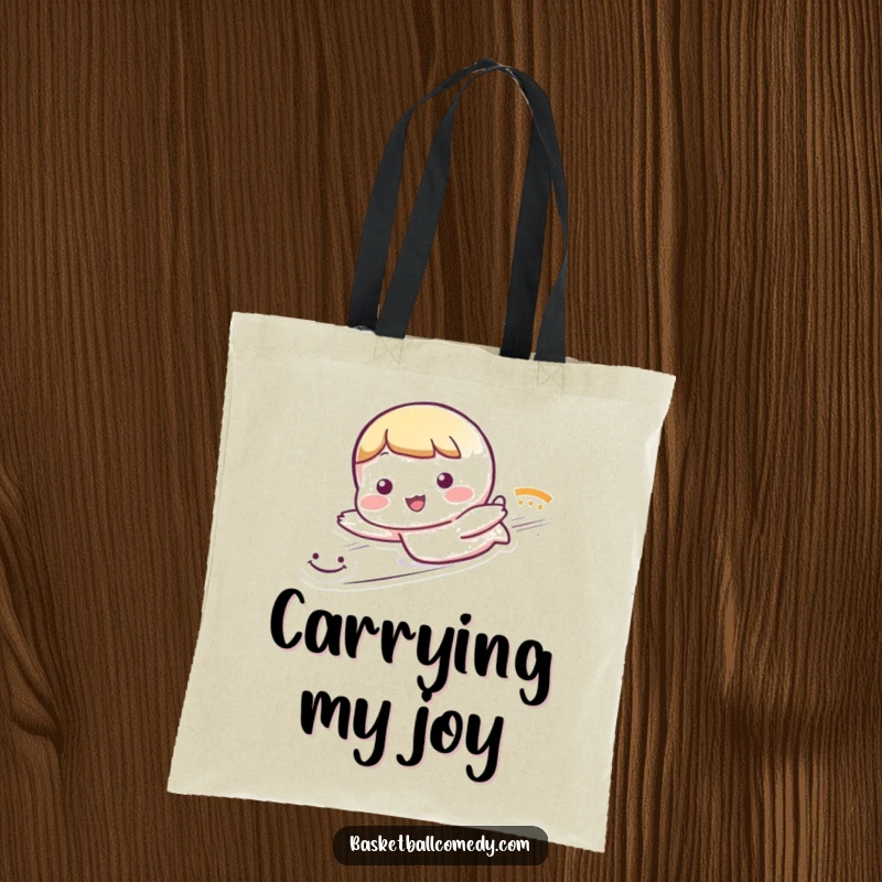 Funny tote bag showing a cute character sliding dramatically, leaving a trail of smiley faces, perfect for happy shoppers.
