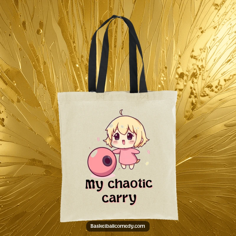 Funny tote bag showcasing a cute character comically surprised by a runaway, bouncing basketball, perfect for carrying essentials with humor.