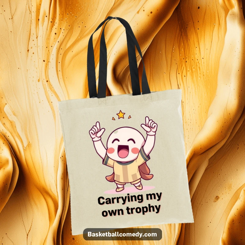 Funny tote bag featuring a character celebrating a score with arms raised, embodying a spirit of fun and achievement.